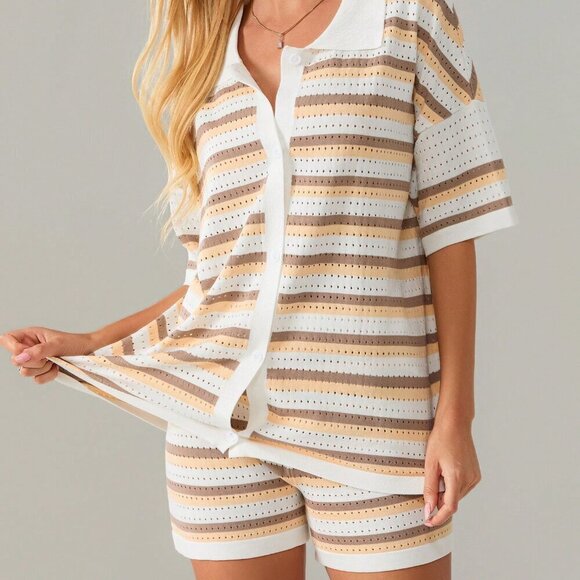 Khaki Casual Women's Stripe Button Crochet Knit Top & Shorts Set - Picture 6 of 10